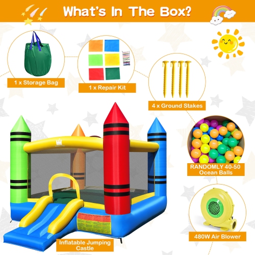 Costway Inflatable Bounce House Kids Jumping Castle w/ Slide Ocean Balls & 480W Blower