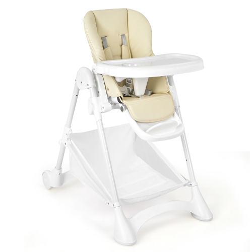 Baby Convertible Folding Adjustable High Chair w/Wheel Tray Storage Basket Grey\Beige