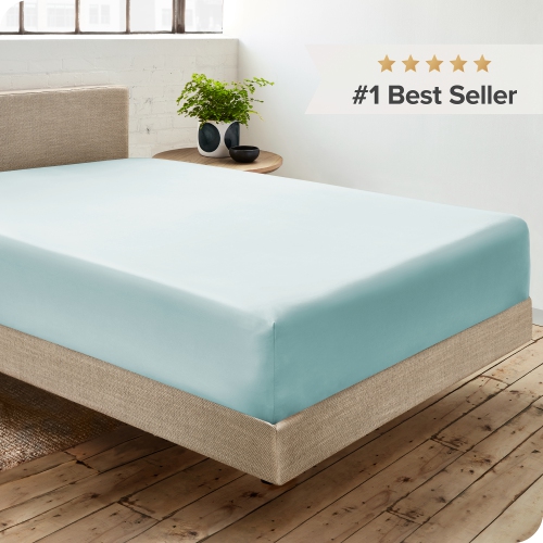 Bare Home 100% Organic Cotton Fitted Bottom Sheet - Crisp Percale Weave - Lightweight & Breathable - Winter Blue, Full