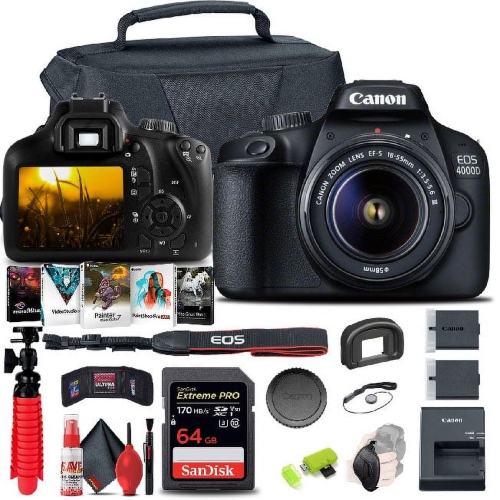 Canon EOS 4000D Rebel T100 DSLR Camera with 18-55mm Lens, 64GB Card, Software, and More Bundle