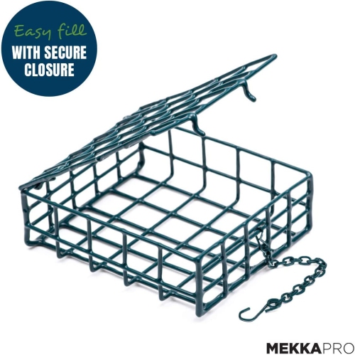 Mangeoire pour oiseaux sauvages MeKKKAKPRO avec toit en métal suspendu, capacité d'un suif, alimentation recommandée pour les oiseaux