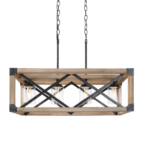Farmhouse 4-Light Rectangle Chandelier with Distressed Pinewood