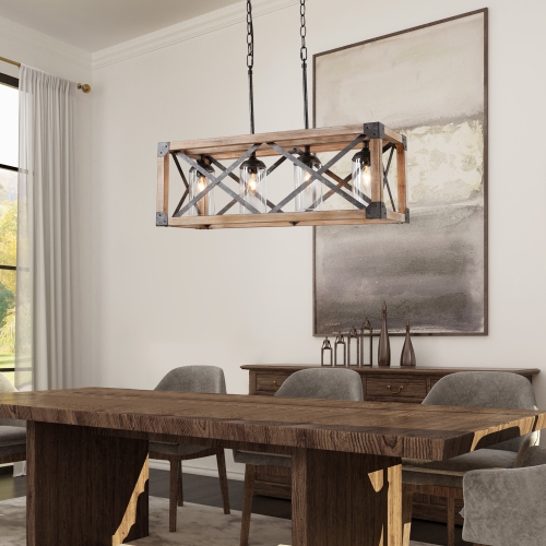 Farmhouse 4-Light Rectangle Chandelier with Distressed Pinewood