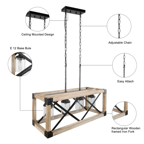 Farmhouse 4-Light Rectangle Chandelier with Distressed Pinewood