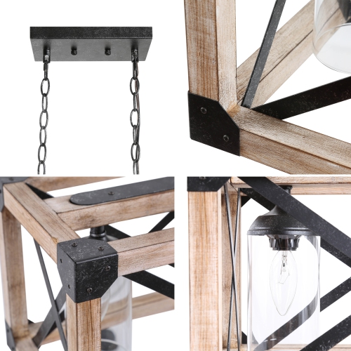 Farmhouse 4-Light Rectangle Chandelier with Distressed Pinewood