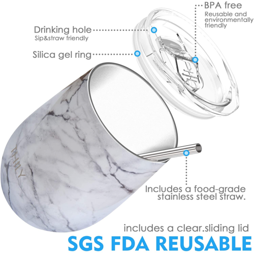 Verre à vin incassable en acier inoxydable durable avec couvercles coulissants et pailles