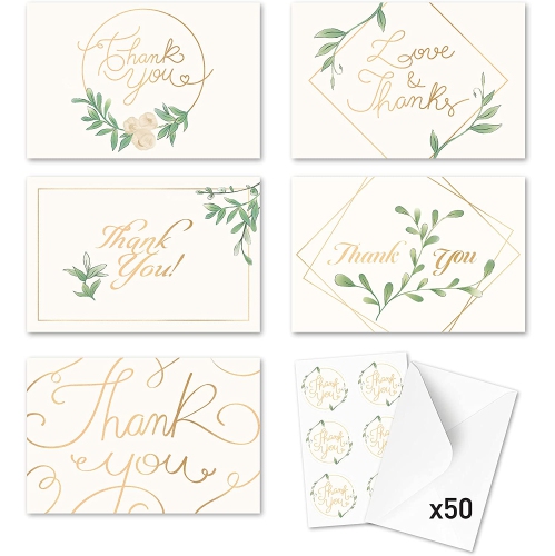 Rileys & Co Thank You Wedding Cards, Gold Foil, Classic 50 Wedding Cards, with Stickers & Envelopes | Bulk Thank You Notes Blank on the Inside | Gree