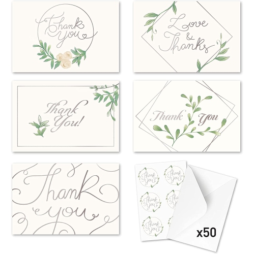Rileys & Co Thank You Wedding Cards, Silver Foil, Classic 50 Wedding Cards, with Stickers & Envelopes | Bulk Thank You Notes Blank on the Inside | Gr