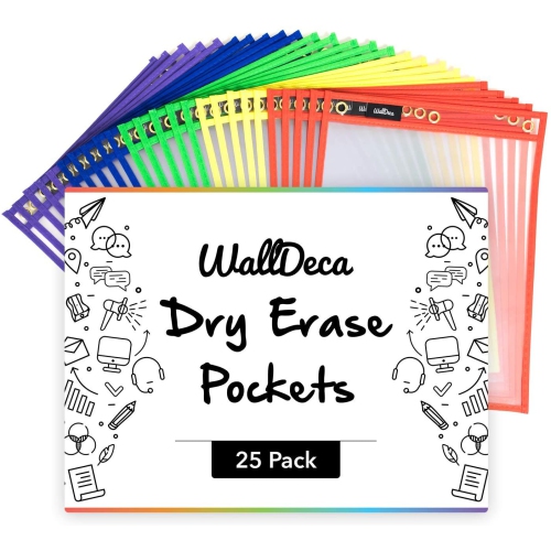 WallDeca – pochettes effaçables à sec, couleurs variées, porte-étiquette de travail de 8.5 x 11 po, pochettes réutilisables effaçables à sec