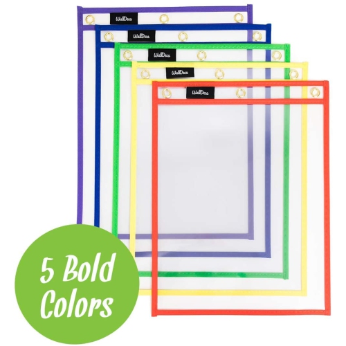 WallDeca Dry Erase Pocket Sleeves Assorted Colors, 8.5" x 11" Job Ticket Holders, Reusable Dry Erase Sleeves