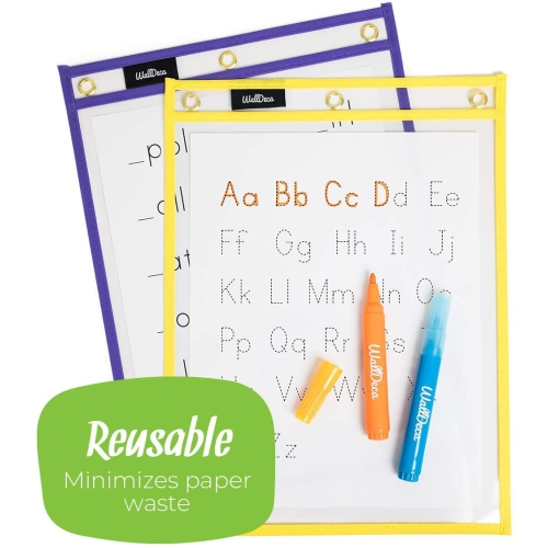 WallDeca Dry Erase Pocket Sleeves Assorted Colors, 8.5" x 11" Job Ticket Holders, Reusable Dry Erase Sleeves