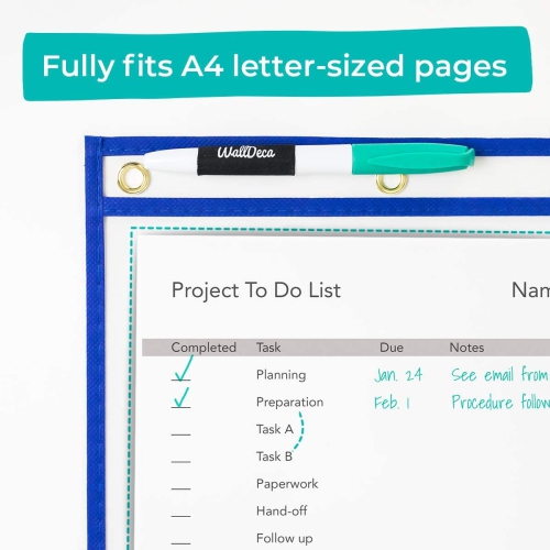 WallDeca Dry Erase Pocket Sleeves Assorted Colors, 8.5" x 11" Job Ticket Holders, Reusable Dry Erase Sleeves