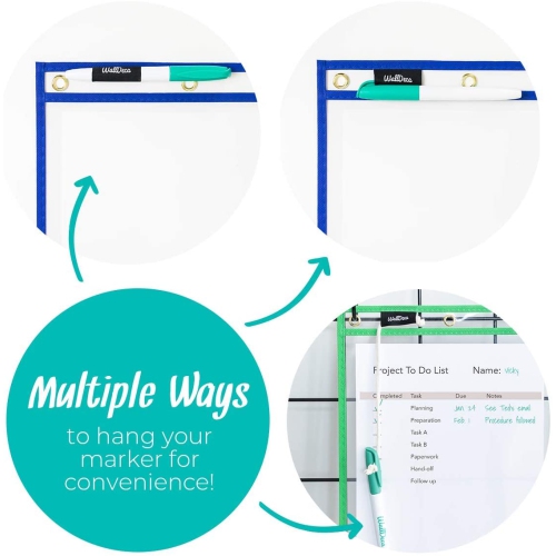 WallDeca Dry Erase Pocket Sleeves Assorted Colors, 8.5" x 11" Job Ticket Holders, Reusable Dry Erase Sleeves
