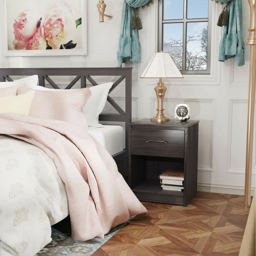 Gymax 2PCS Nightstand with Drawer Storage Shelf Wooden End Side Table Bedroom Brown / Black / Natiral