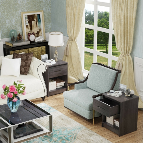 Gymax 2PCS Nightstand with Drawer Storage Shelf Wooden End Side Table Bedroom Brown / Black / Natiral