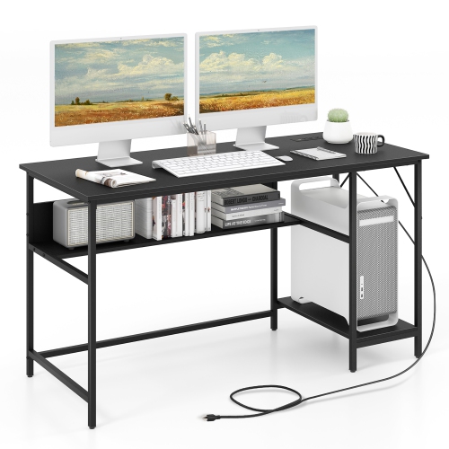 GYMAX  56" Computer Desk Home Office PC Workstation W/ Power Outlets & USB Ports Rustic / In Black