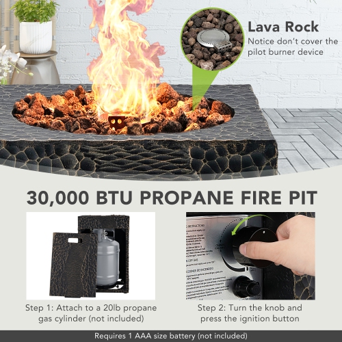 16" Square Outdoor Propane Fire Pit w/Lava Rocks Waterproof Cover 30,000 BTU