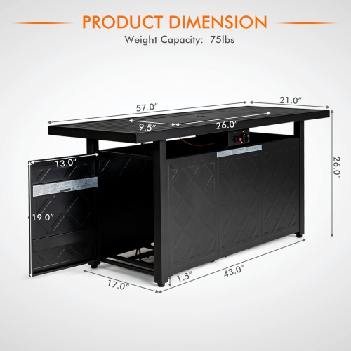 Costway 57" Rectangular Propane Gas Fire Pit 50,000 Btu Heater Outdoor Table