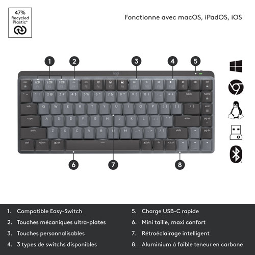 Clavier mécanique tactile rétroéclairé compact sans fil MX Mini de Logitech - Graphite