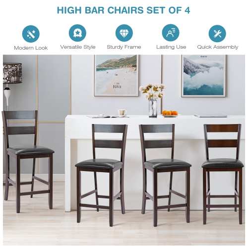 Costway 4-Pieces Bar Stools Counter Height Chairs w/ PU Leather Seat Espresso