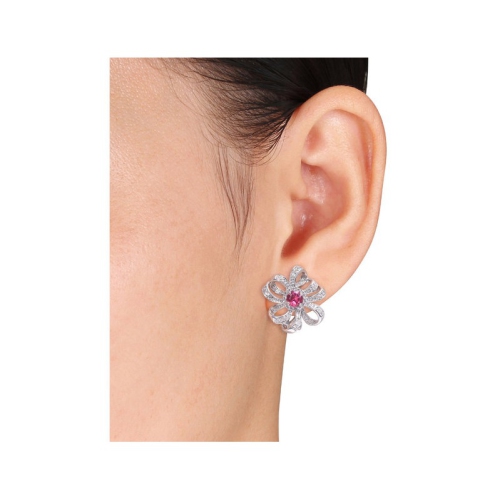 2.00 Carat Pink Topaz & White Topaz Flower Omega-Clip Earrings in Sterling Silver