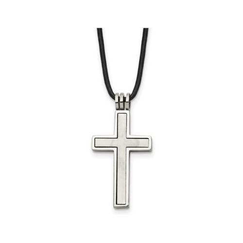GEM AND HARMONY  Mens Chisel Cross Pendant Necklace In Stainless Steel With Leather Cord & Synthetic Cubic Zirconia (Cz) In Multicolor