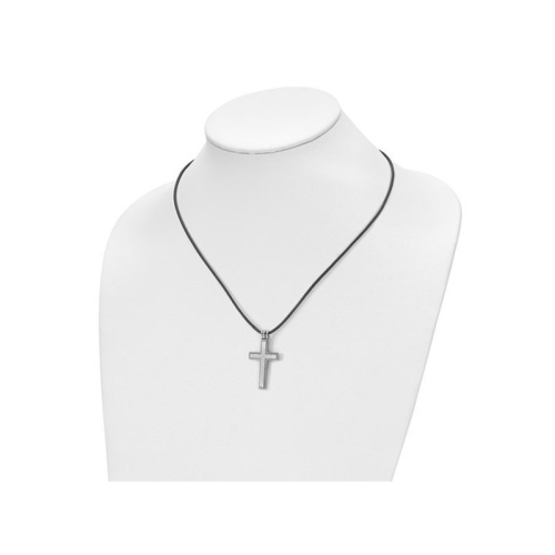 Mens Chisel Cross Pendant Necklace in Stainless Steel with Leather Cord & Synthetic Cubic Zirconia