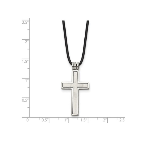Mens Chisel Cross Pendant Necklace in Stainless Steel with Leather Cord & Synthetic Cubic Zirconia