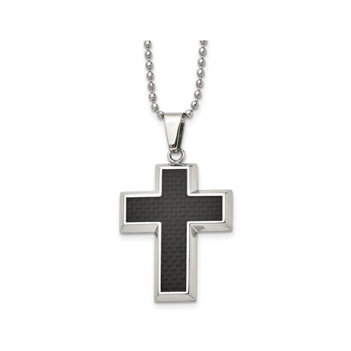 GEM AND HARMONY  Mens Chisel Carbon Fiber Cross Pendant Necklace In Stainless Steel With Chain In Black