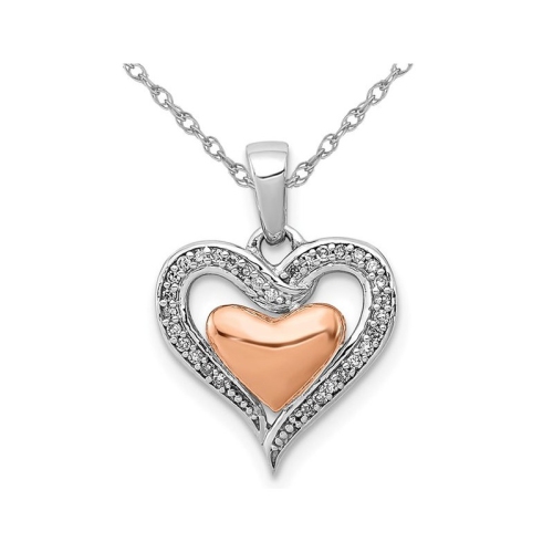 GEM AND HARMONY  Sterling Double Heart Pendant Necklace With Accent Diamonds And Chain In Silver
