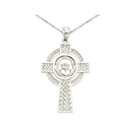 14k White Gold Celtic Claddagh Cross Pendant Necklace with Chain