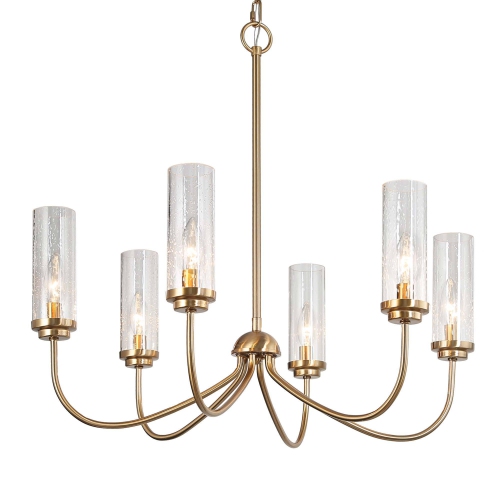 Modern 6-Light Electroplated Gold Chandelier with Seeded Glass