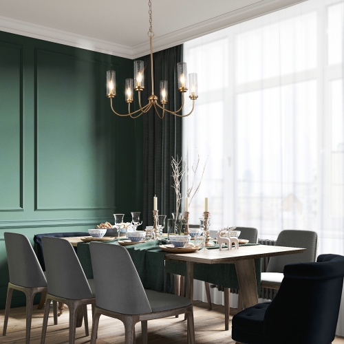 Modern 6-Light Electroplated Gold Chandelier with Seeded Glass