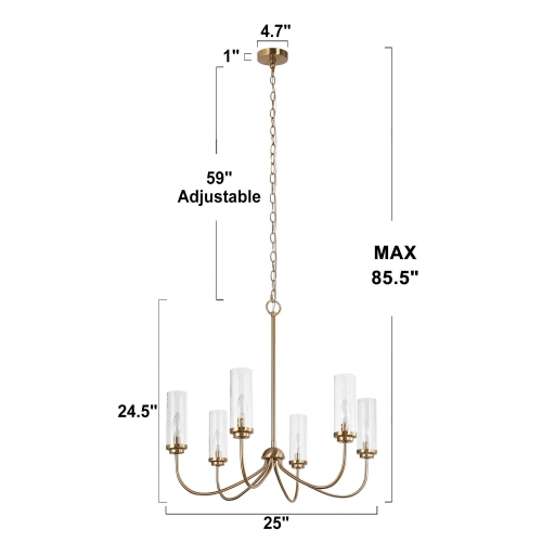Modern 6-Light Electroplated Gold Chandelier with Seeded Glass