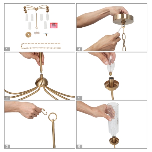 Modern 6-Light Electroplated Gold Chandelier with Seeded Glass