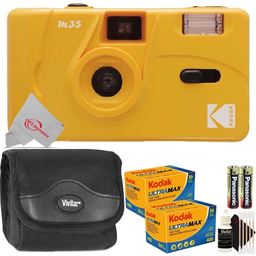 Kodak Vintage Retro M35 35mm Reusable Film Camera with Flash Yellow + Two Kodak Ultramax 400 35mm Film, 36 Exposures (72 Exposures Total) + AA Batteries + Case + Cleaning Kit