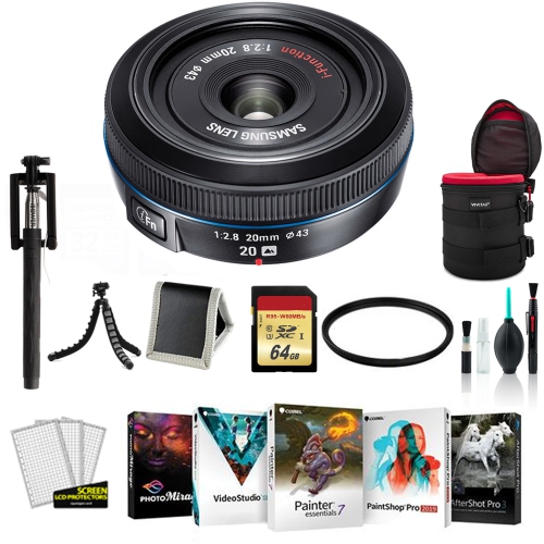 SAMSUNG 20MM F.8 PANCAKE LENS F/ NX Black - Kit with 64GB Memory Card
