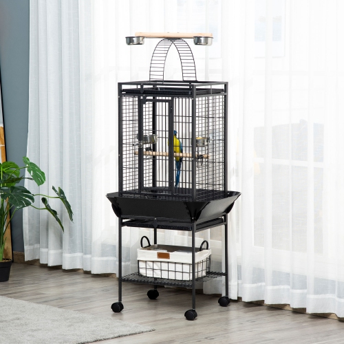 PawHut 61.5 Inch Bird Cage Parrot Parakeet House for Cockatiel with Stand, Pull Out Tray, Play Top, Storage Shelf, Wood Perch, Food Container, Black