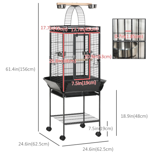 PawHut 61.5 Inch Bird Cage Parrot Parakeet House for Cockatiel with Stand, Pull Out Tray, Play Top, Storage Shelf, Wood Perch, Food Container, Black