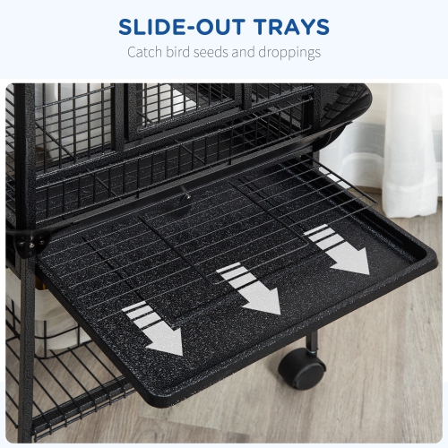 PawHut 61.5 Inch Bird Cage Parrot Parakeet House for Cockatiel with Stand, Pull Out Tray, Play Top, Storage Shelf, Wood Perch, Food Container, Black