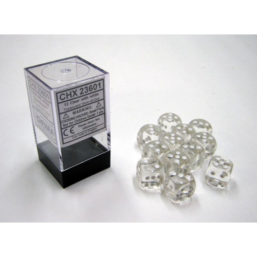 C HESSEX  C ‎hessex Dice 12D6 Set - Translucent Clear W/white (23601)
