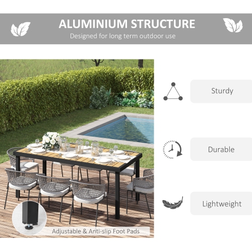 Outsunny 75" x 35" Outdoor Dining Table for 8 People, Rectangular Aluminum Frame Garden Table with All-Weather Faux Wood Top for Garden, Lawn, Patio,