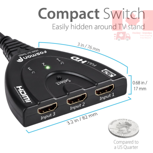 3-Port HDMI Switch Switcher [Auto Switch Support Full HD 3D 1080p HDCP] with 24K Gold Plated