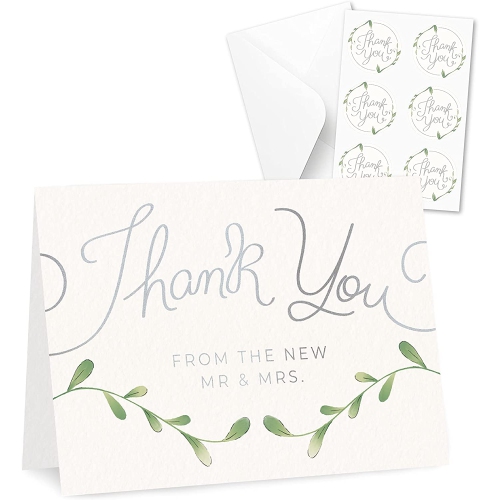 Rileys & Co Thank You Wedding Cards with Envelopes & Stickers, 100 Bulk Pack, Silver Foil, Mr and Mrs Thank You Notes Bulk Cards, | Thank You From th