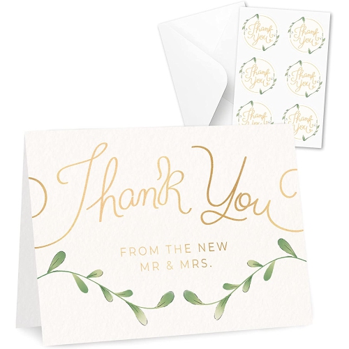 Rileys & Co – cartes de mariage Thank You avec enveloppes et autocollants, 100 paquets en vrac, feuille argentée, cartes en vrac Mr. And Mrs. Thank Y