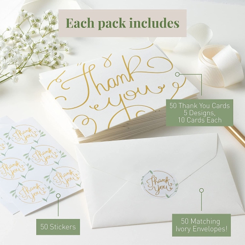 Rileys & Co Thank You Wedding Cards with Envelopes & Stickers, 100 Bulk Pack, Silver Foil, Mr and Mrs Thank You Notes Bulk Cards, | Thank You From