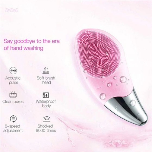 Silicone Face Brush, Face Massager and Eye Massage Anti-Ageing Facial Cleansing Brush Waterproof Electric USB Rechargeable 6 Adjustable Modes Pink