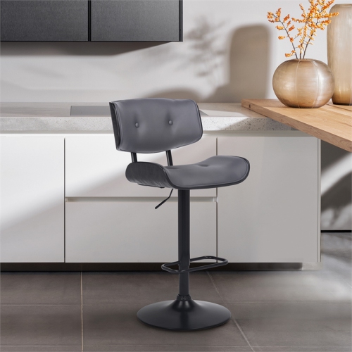 Brooklyn Adjustable Swivel Grey Faux Leather and Black Wood Bar Stool