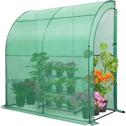 YARDLAB  Outdoor Lean to Walk-In House With 3 Tier Flower Rack, Gardening Wall House With Roll-Up Zipper Entry Doors In Green