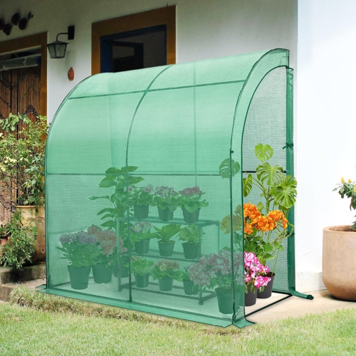 Outdoor Lean to Walk-in Greenhouse with 3 Tier Flower Rack, Gardening Wall Green House with Roll-up Zipper Entry Doors